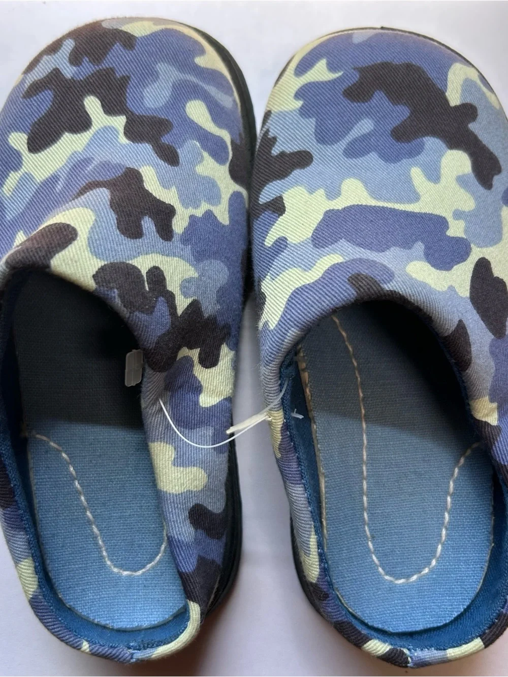 Boys’ Sz 8 Foam Sole indoor/outdoor blue camouflage mule-style slippers